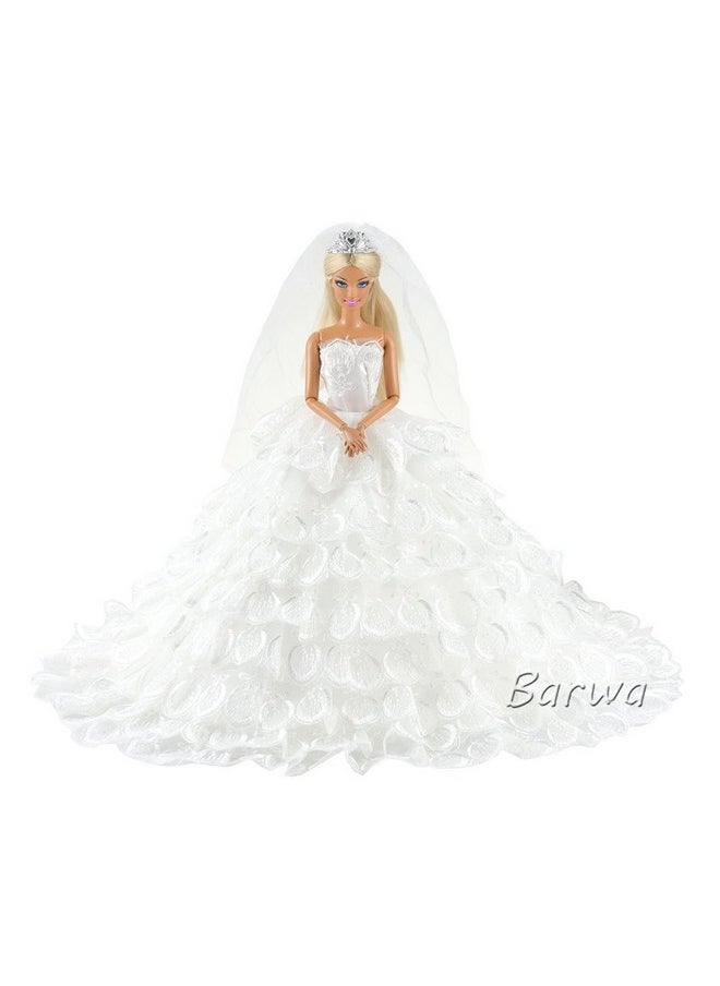 BARWA Wedding Dress Princess Evening Party White Dress Gown with Veil for 11.5 inch Dolls