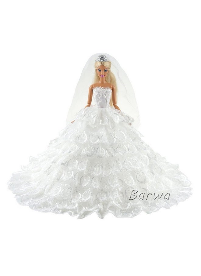 BARWA Wedding Dress Princess Evening Party White Dress Gown with Veil for 11.5 inch Dolls