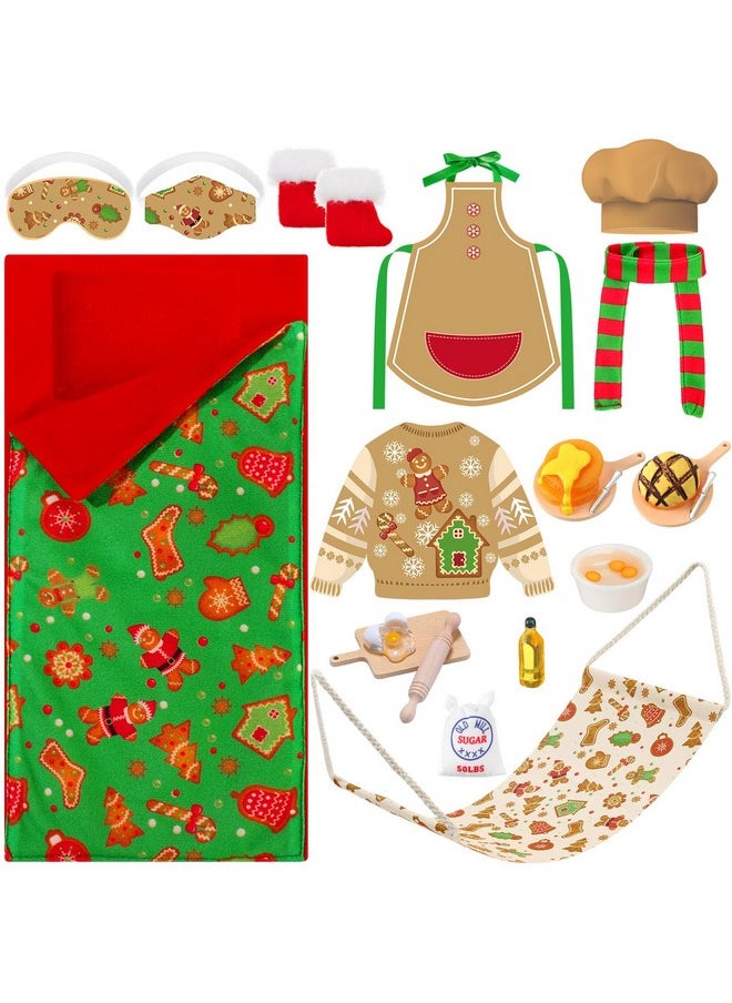 Kacctyen 12 Pcs Sleeping Bag Elf Doll Baking Theme Christmas Accessories Includes Christmas Doll Sleeping Bag Bathrobe Apron Chef's Hat Scarf Glasses Pillow Eye Mask Shoes Mask Hammock Elf Doll Props