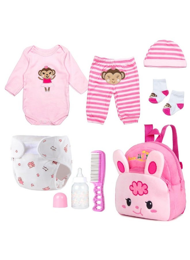 PEDOLLTREE Reborn Baby Doll Clothes Outfit Accessories Pink 8 Pcs Set with Rabbit Backpack&Diaper for 17-22 Inch Reborn Doll Newborn Baby Girl