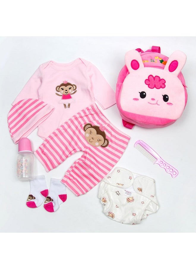 PEDOLLTREE Reborn Baby Doll Clothes Outfit Accessories Pink 8 Pcs Set with Rabbit Backpack&Diaper for 17-22 Inch Reborn Doll Newborn Baby Girl