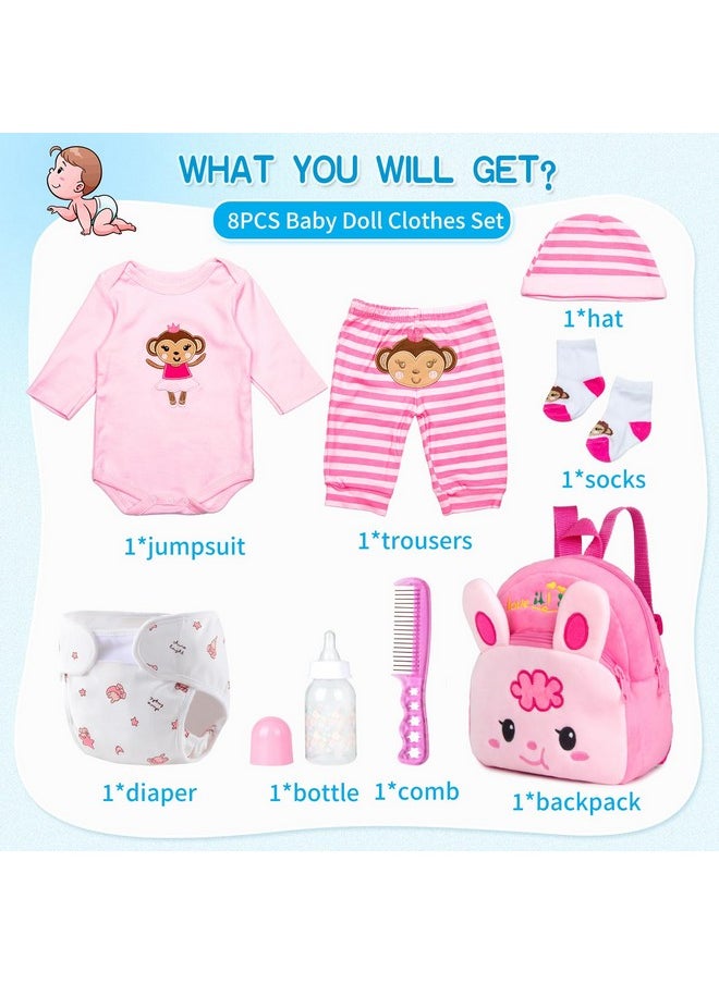 PEDOLLTREE Reborn Baby Doll Clothes Outfit Accessories Pink 8 Pcs Set with Rabbit Backpack&Diaper for 17-22 Inch Reborn Doll Newborn Baby Girl
