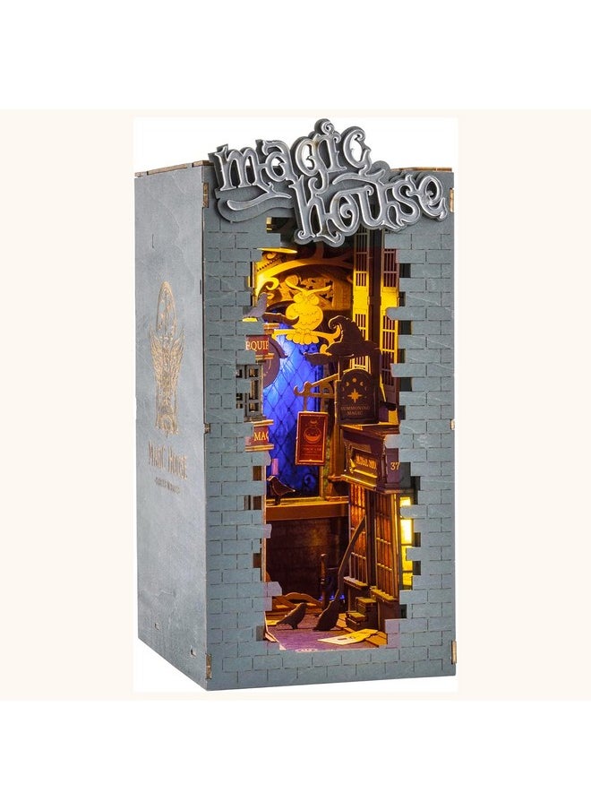ROBOTIME DIY Book Nook Kit Decorative Booknook Bookshelf Insert Bookcase Book Stand 3D Wooden Puzzle DIY Miniature House Kit with LED Light Model Kit for Adults (Magic House)
