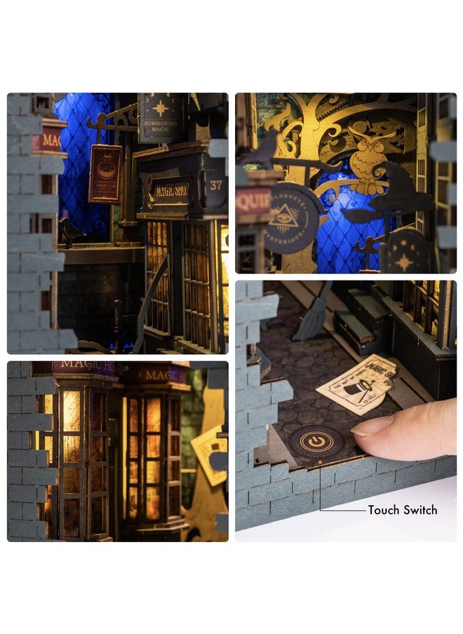 ROBOTIME DIY Book Nook Kit Decorative Booknook Bookshelf Insert Bookcase Book Stand 3D Wooden Puzzle DIY Miniature House Kit with LED Light Model Kit for Adults (Magic House)