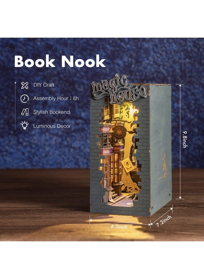 ROBOTIME DIY Book Nook Kit Decorative Booknook Bookshelf Insert Bookcase Book Stand 3D Wooden Puzzle DIY Miniature House Kit with LED Light Model Kit for Adults (Magic House)