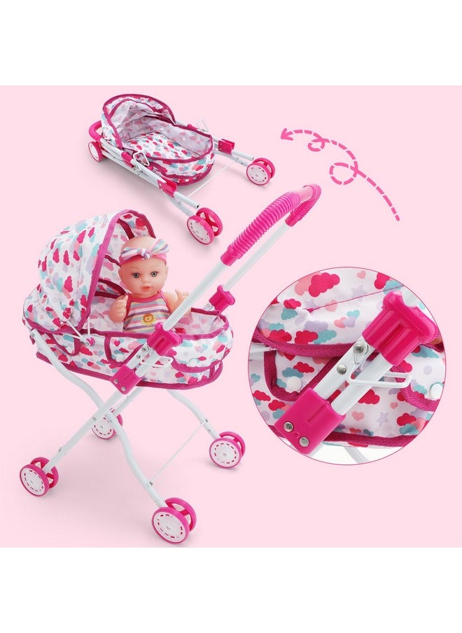 deAO Baby Doll Stroller Set With Nursery Accessories - High Chair, Play Mat, Travel Bag and Feeding Toys for Role Play, Gift for Girls