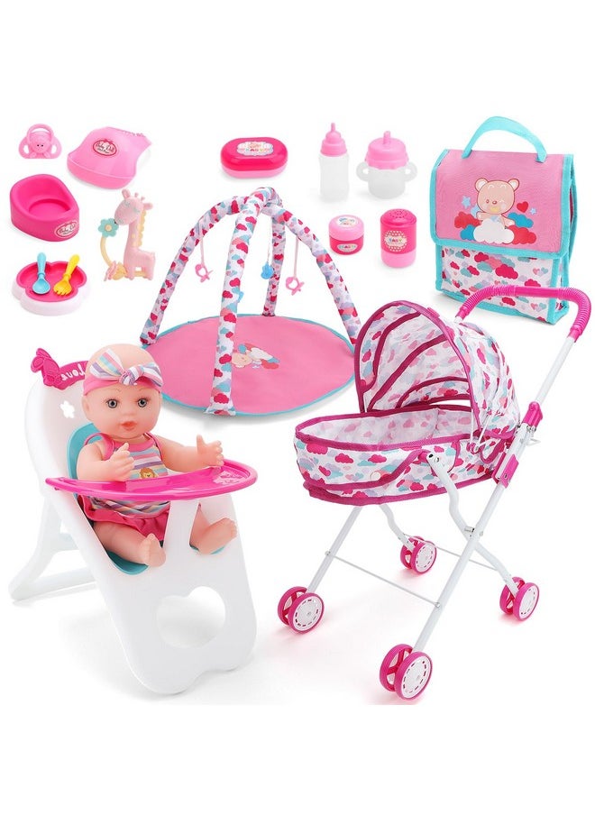 deAO Baby Doll Stroller Set With Nursery Accessories - High Chair, Play Mat, Travel Bag and Feeding Toys for Role Play, Gift for Girls
