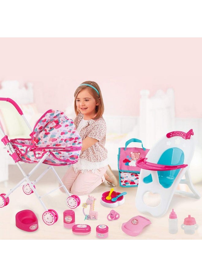 deAO Baby Doll Stroller Set With Nursery Accessories - High Chair, Play Mat, Travel Bag and Feeding Toys for Role Play, Gift for Girls