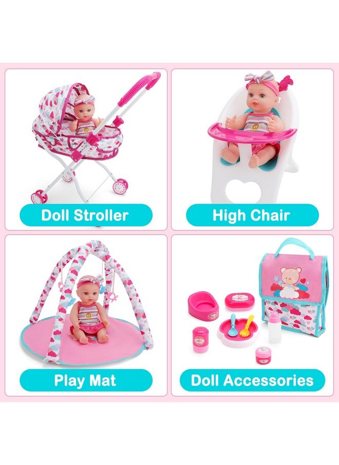 deAO Baby Doll Stroller Set With Nursery Accessories - High Chair, Play Mat, Travel Bag and Feeding Toys for Role Play, Gift for Girls