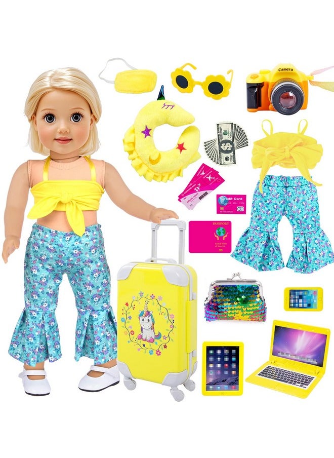 ebuddy Doll Clothes and Accessories 18 Inch Doll Travel Set with Unicorn Printed Luggage Suitcase Fit for 18 inch Girl Doll,Most 18 Inch Dolls(No Doll)