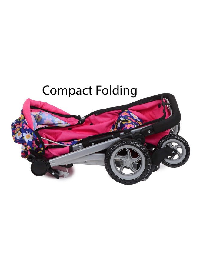 Fash N Kolor | Foldable Pram for Baby Doll with Flower Design with Swiveling Wheel Adjustable Handle Bassinet Stroller with Baby Doll, Convertible Seat, and Basket, and Free Carriage Bag