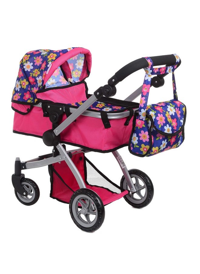 Fash N Kolor | Foldable Pram for Baby Doll with Flower Design with Swiveling Wheel Adjustable Handle Bassinet Stroller with Baby Doll, Convertible Seat, and Basket, and Free Carriage Bag