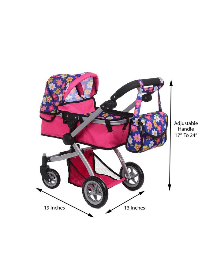 Fash N Kolor | Foldable Pram for Baby Doll with Flower Design with Swiveling Wheel Adjustable Handle Bassinet Stroller with Baby Doll, Convertible Seat, and Basket, and Free Carriage Bag