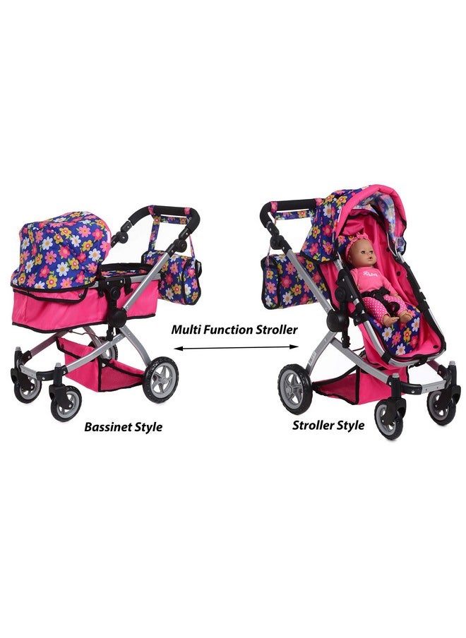Fash N Kolor | Foldable Pram for Baby Doll with Flower Design with Swiveling Wheel Adjustable Handle Bassinet Stroller with Baby Doll, Convertible Seat, and Basket, and Free Carriage Bag
