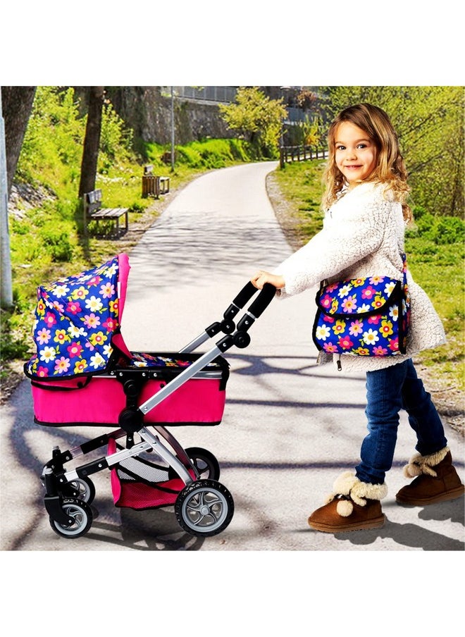 Fash N Kolor | Foldable Pram for Baby Doll with Flower Design with Swiveling Wheel Adjustable Handle Bassinet Stroller with Baby Doll, Convertible Seat, and Basket, and Free Carriage Bag