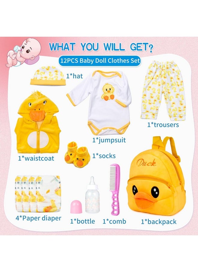 PEDOLLTREE 12pcs Set Reborn Baby Dolls Clothes Accessories with Backpack Diaper Yellow Duck for 17-22 Inch Baby Doll Reborn Doll Newborn Girl&Boy