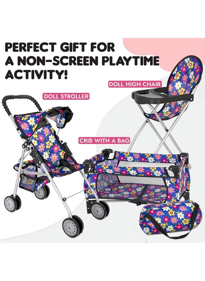 fash n kolor Doll 3 Piece Play Set Baby Doll Accessories - includes, 1 Pack N Play. 2 Doll Stroller. 3 Doll High Chair. Fits Up to 18'' Doll (Flower)