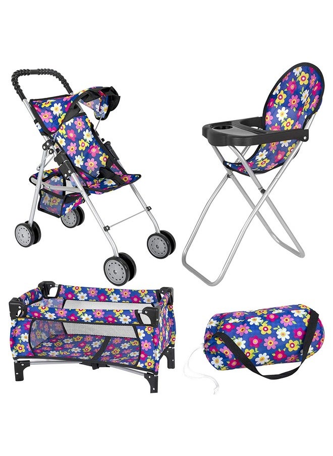 fash n kolor Doll 3 Piece Play Set Baby Doll Accessories - includes, 1 Pack N Play. 2 Doll Stroller. 3 Doll High Chair. Fits Up to 18'' Doll (Flower)