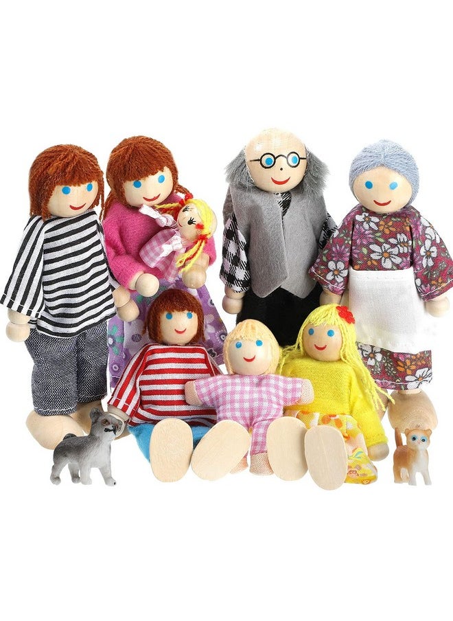 Skylety 10 Pcs Wooden Dollhouse Family Set of 8 Mini People Figures and 2 Pets, Dollhouse Dolls Wooden Doll Family Pretend Play Figures Accessories for Pretend Dollhouse Toy (Classic Style)