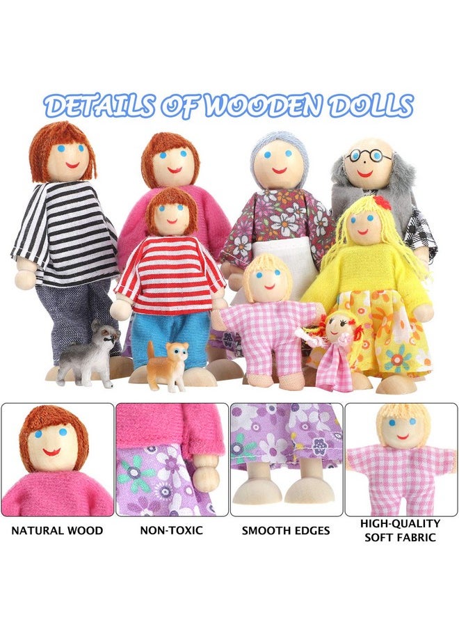 Skylety 10 Pcs Wooden Dollhouse Family Set of 8 Mini People Figures and 2 Pets, Dollhouse Dolls Wooden Doll Family Pretend Play Figures Accessories for Pretend Dollhouse Toy (Classic Style)