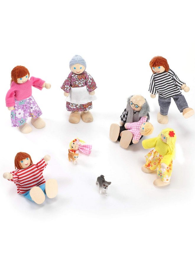 Skylety 10 Pcs Wooden Dollhouse Family Set of 8 Mini People Figures and 2 Pets, Dollhouse Dolls Wooden Doll Family Pretend Play Figures Accessories for Pretend Dollhouse Toy (Classic Style)