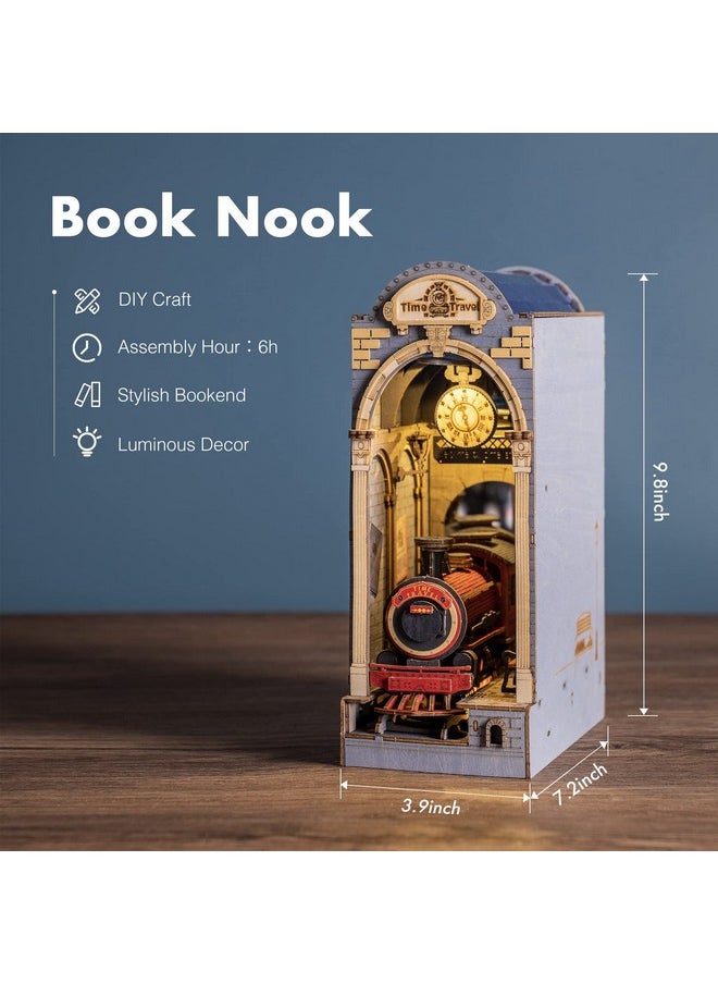 Rowood DIY Book Nook Kit, Bookshelf Insert Decor 3D Wooden Puzzle Model Kit, Bookend Building Set with LED Light - Time Travel