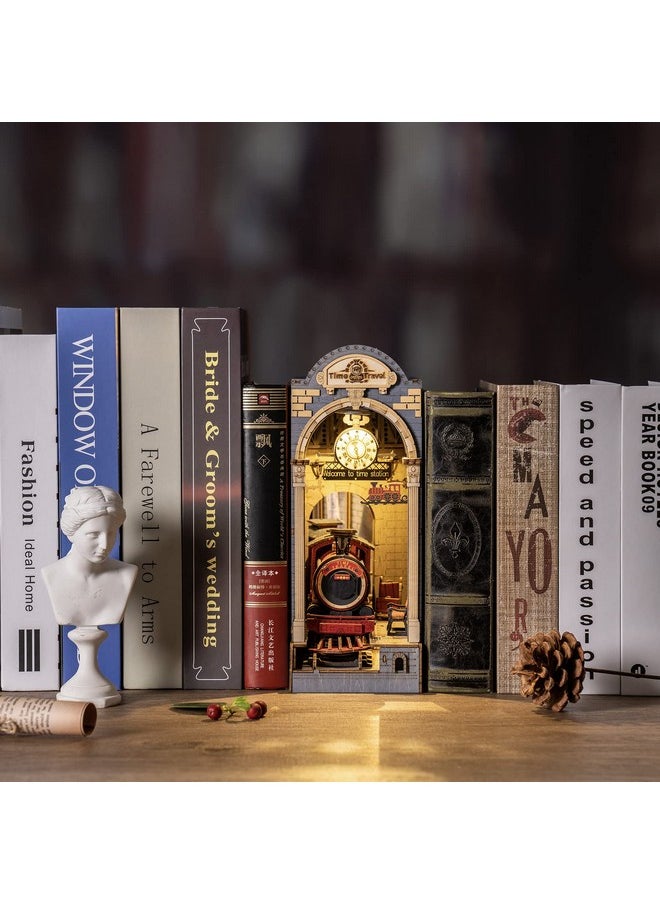 Rowood DIY Book Nook Kit, Bookshelf Insert Decor 3D Wooden Puzzle Model Kit, Bookend Building Set with LED Light - Time Travel