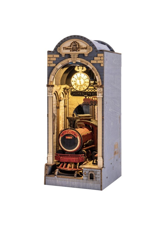 Rowood DIY Book Nook Kit, Bookshelf Insert Decor 3D Wooden Puzzle Model Kit, Bookend Building Set with LED Light - Time Travel