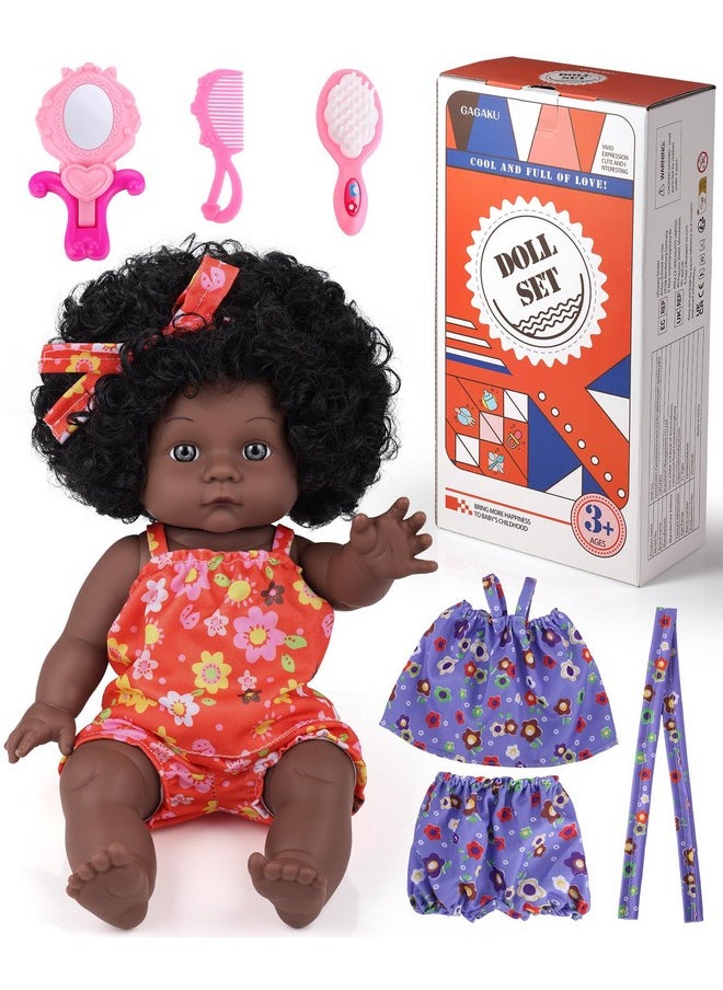 GAGAKU Black Baby Doll for 3 4 5 6 Years Old,12 inch Black Baby Dolls for Girls with Curly Hair, 2-Sets Doll Clothes,Small Baby Dolls for Toddlers Kids and Girls Holiday Birthday