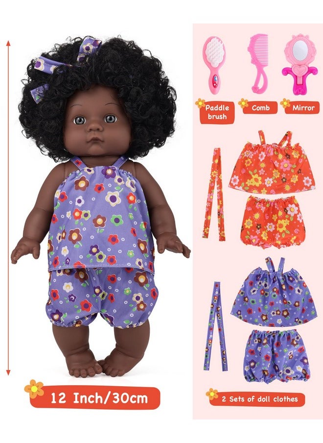GAGAKU Black Baby Doll for 3 4 5 6 Years Old,12 inch Black Baby Dolls for Girls with Curly Hair, 2-Sets Doll Clothes,Small Baby Dolls for Toddlers Kids and Girls Holiday Birthday