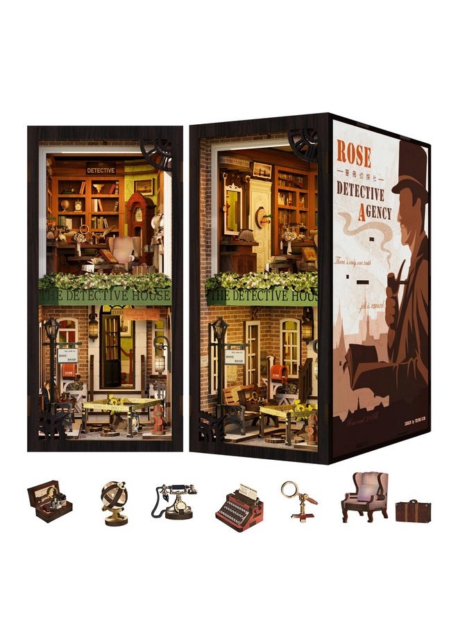 CUTEBEE DIY Book Nook Kit with Dust Cover, Bookshelf Insert DIY Miniature Kit Booknook Bookend Stand Bookcase Model Build Creativity Kit Decor Alley with LED Light (Rose Detective Agency)