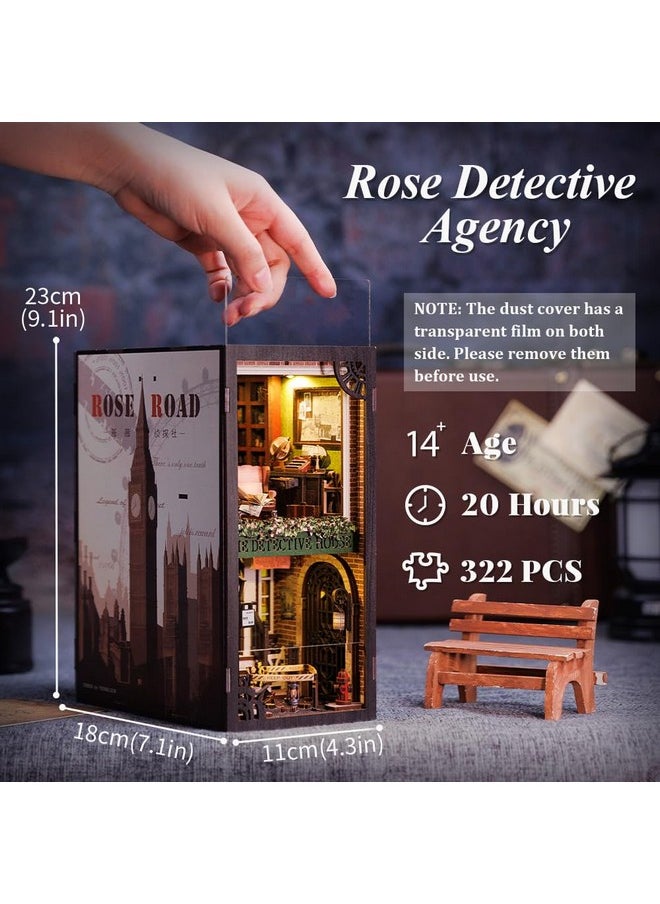 CUTEBEE DIY Book Nook Kit with Dust Cover, Bookshelf Insert DIY Miniature Kit Booknook Bookend Stand Bookcase Model Build Creativity Kit Decor Alley with LED Light (Rose Detective Agency)