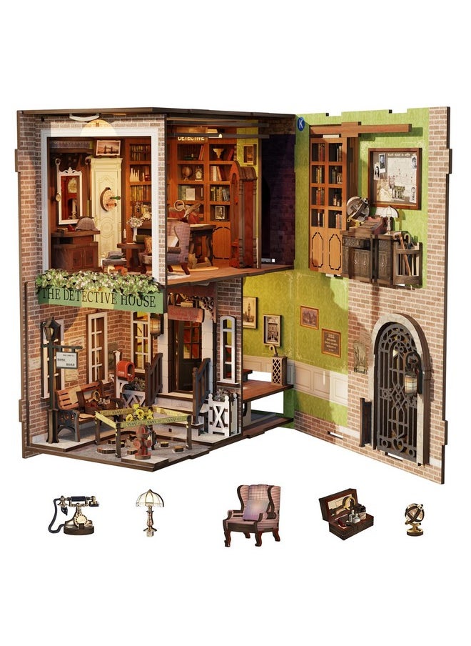 CUTEBEE DIY Book Nook Kit with Dust Cover, Bookshelf Insert DIY Miniature Kit Booknook Bookend Stand Bookcase Model Build Creativity Kit Decor Alley with LED Light (Rose Detective Agency)