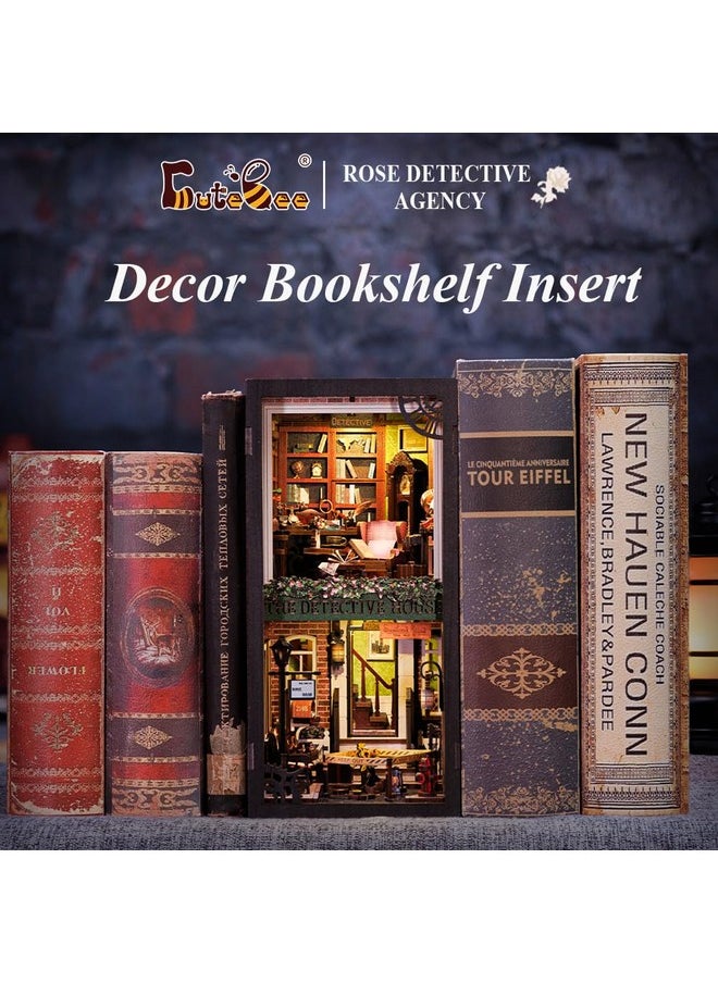 CUTEBEE DIY Book Nook Kit with Dust Cover, Bookshelf Insert DIY Miniature Kit Booknook Bookend Stand Bookcase Model Build Creativity Kit Decor Alley with LED Light (Rose Detective Agency)