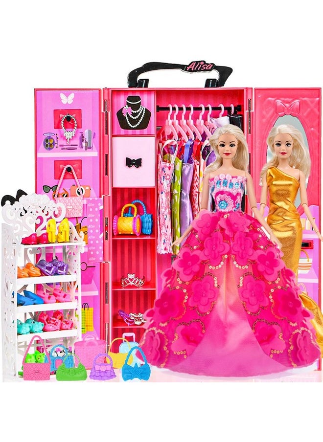 ebuddy 105 Pcs Doll Closet Wardrobe Set Closet Playest Toys Doll Clothes and Accessories for 11.5 Inch Girl Doll Including Wardrobe,Shoes Rack,Dress,Shoes Hangers,Necklace (No Doll)