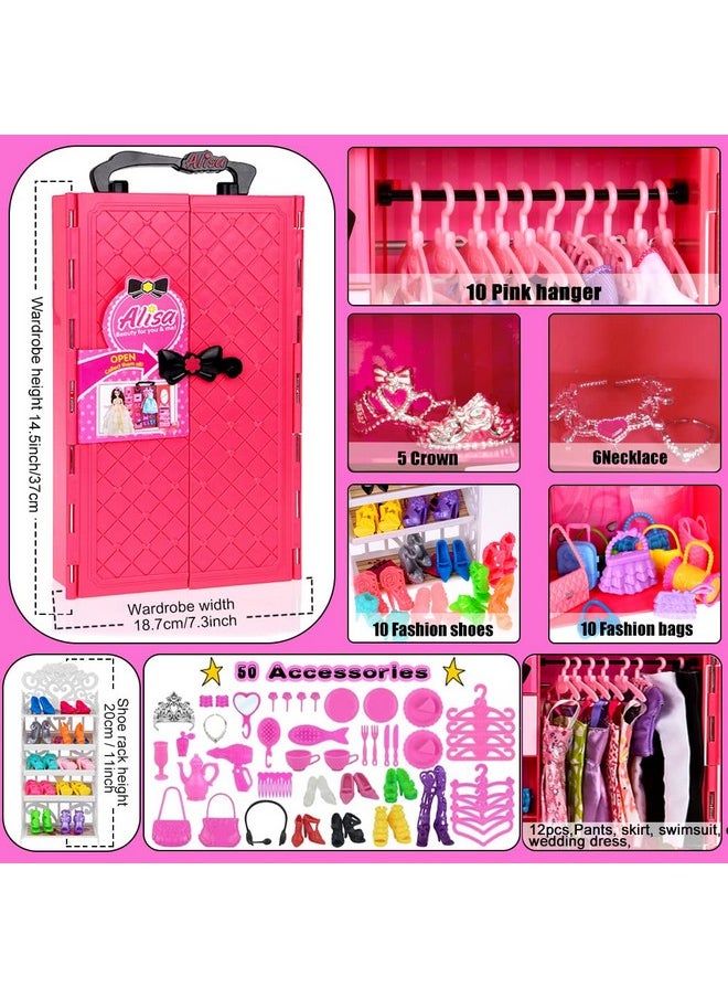 ebuddy 105 Pcs Doll Closet Wardrobe Set Closet Playest Toys Doll Clothes and Accessories for 11.5 Inch Girl Doll Including Wardrobe,Shoes Rack,Dress,Shoes Hangers,Necklace (No Doll)