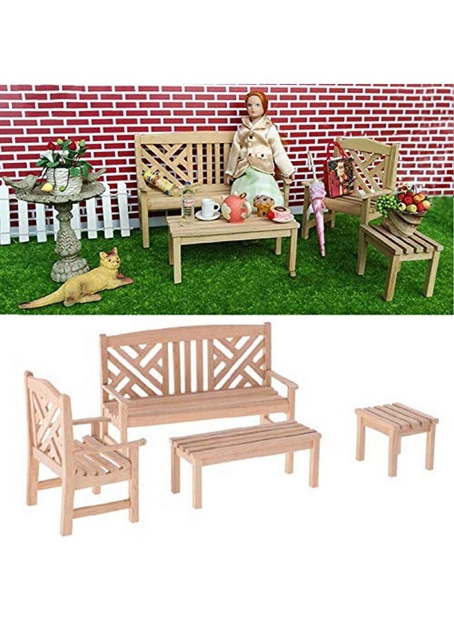 EatingBiting Dollhouse Accessories Furniture 1:12 Dollhouse Miniature Furniture Wooden Garden Unpainted Bench Chair 4 Pieces per Set, Including 1 Double Chair, 1 Single Chair, 1 Table, 1 Stool