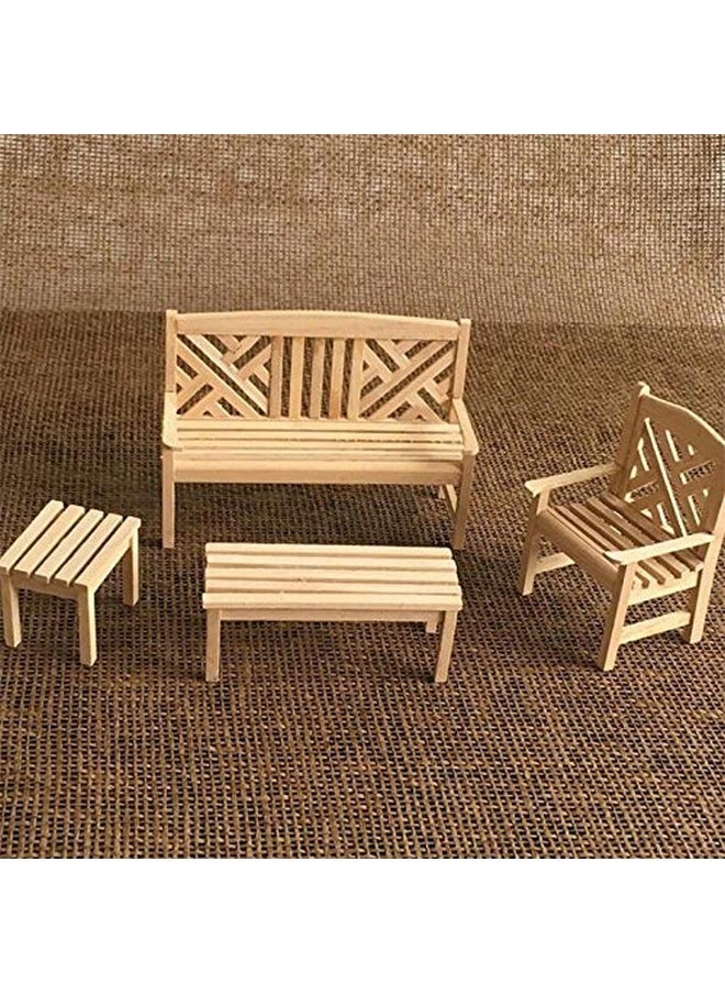 EatingBiting Dollhouse Accessories Furniture 1:12 Dollhouse Miniature Furniture Wooden Garden Unpainted Bench Chair 4 Pieces per Set, Including 1 Double Chair, 1 Single Chair, 1 Table, 1 Stool