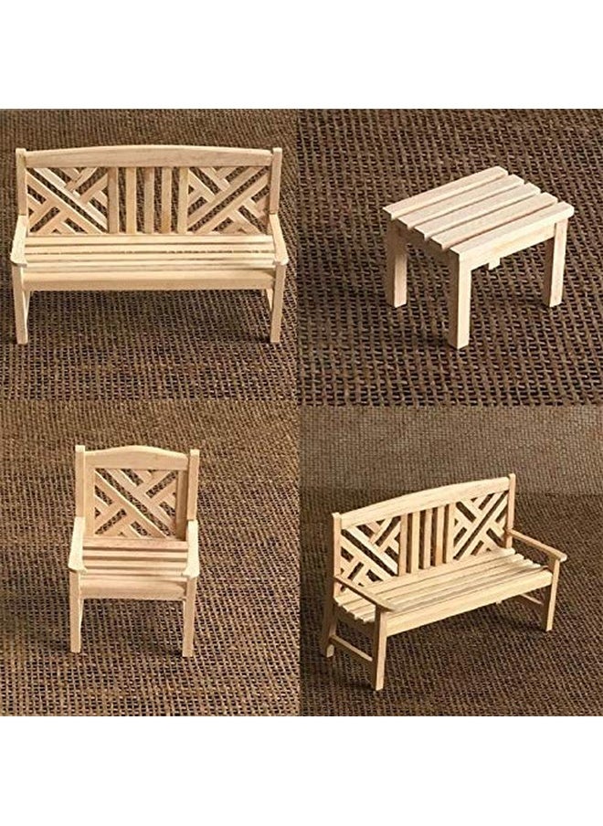 EatingBiting Dollhouse Accessories Furniture 1:12 Dollhouse Miniature Furniture Wooden Garden Unpainted Bench Chair 4 Pieces per Set, Including 1 Double Chair, 1 Single Chair, 1 Table, 1 Stool
