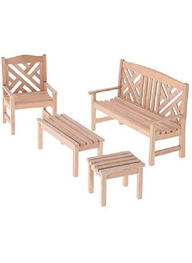 EatingBiting Dollhouse Accessories Furniture 1:12 Dollhouse Miniature Furniture Wooden Garden Unpainted Bench Chair 4 Pieces per Set, Including 1 Double Chair, 1 Single Chair, 1 Table, 1 Stool