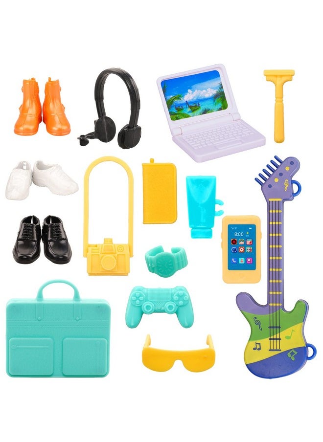 Miunana 20 PCS Male Doll Clothes and Accessories 5 Suits for 12 Inch Boy Dolls Clothes and 9 PCS Doll Accessories with 3 Pairs of Shoes and 1 Guitars Computer Dollhouse Furniture