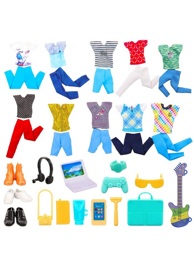 Miunana 20 PCS Male Doll Clothes and Accessories 5 Suits for 12 Inch Boy Dolls Clothes and 9 PCS Doll Accessories with 3 Pairs of Shoes and 1 Guitars Computer Dollhouse Furniture