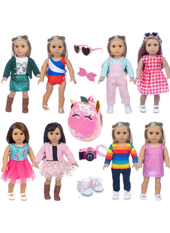 ebuddy Doll Clothes and Accessories 8 Sets Outfit with Shoes Backpack Glasses Camera Pad for 18 inch Girl Doll,Most 18 Inch Dolls(Doll not Include)