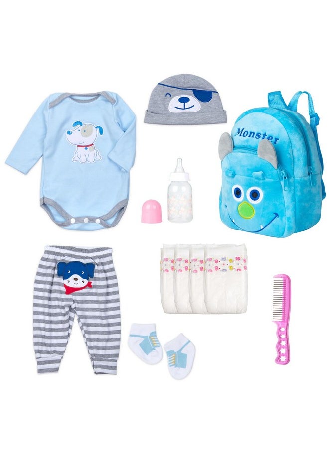 PEDOLLTREE Reborn Baby Doll Clothes Outfit Accessories Blue Puppy Set 11 Pcs Set for 17-22 Inch Reborn Doll Newborn Boy with Backpack Diaper