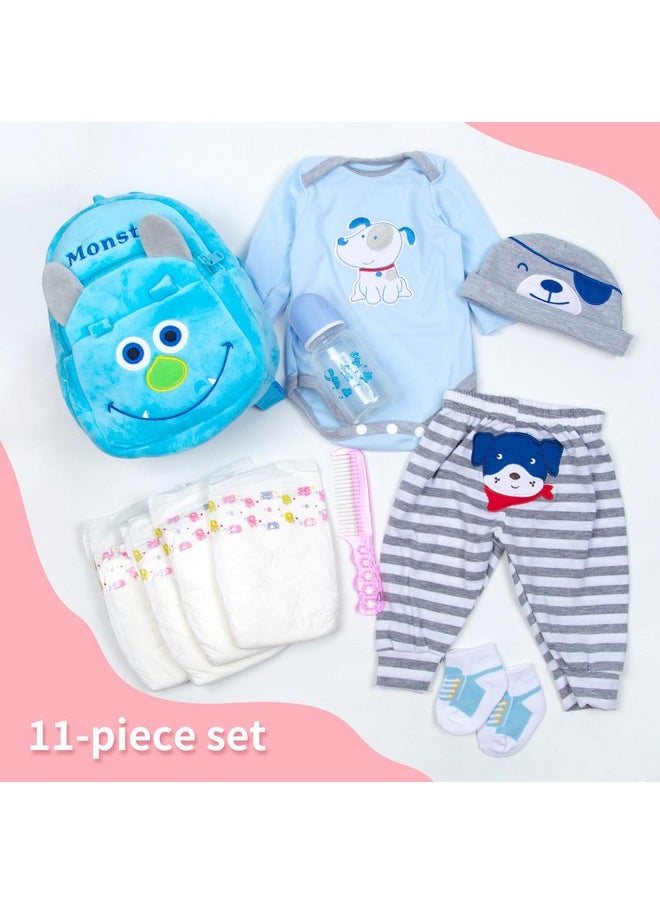 PEDOLLTREE Reborn Baby Doll Clothes Outfit Accessories Blue Puppy Set 11 Pcs Set for 17-22 Inch Reborn Doll Newborn Boy with Backpack Diaper
