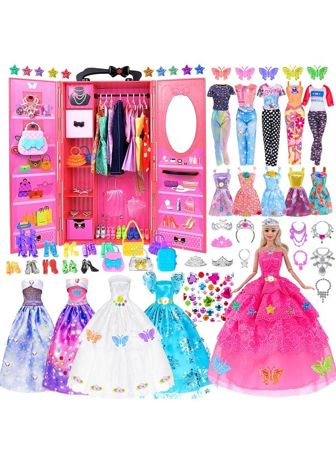 ebuddy 140 Pack Doll and Closet Set Fashion DIY Wardrobe Doll Clothes and Accessories Including Doll, Wardrobe, Wedding Dress,Shoes, Necklace, Bags and More for 11.5 Inch Doll(One Doll)