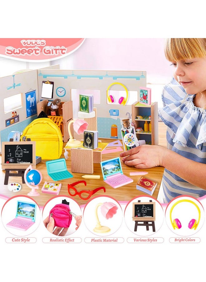 FFNIU 30Pcs Mini School Supplies, Doll School Supplies Includes Mini Doll Backpack Laptops Glasses Blackboard Mini Book Palette Paper Ruler Scissors Calculator for Dolls Accessories Set