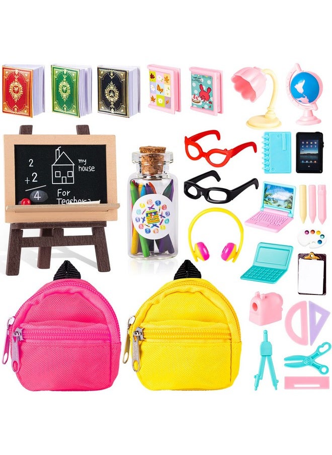 FFNIU 30Pcs Mini School Supplies, Doll School Supplies Includes Mini Doll Backpack Laptops Glasses Blackboard Mini Book Palette Paper Ruler Scissors Calculator for Dolls Accessories Set