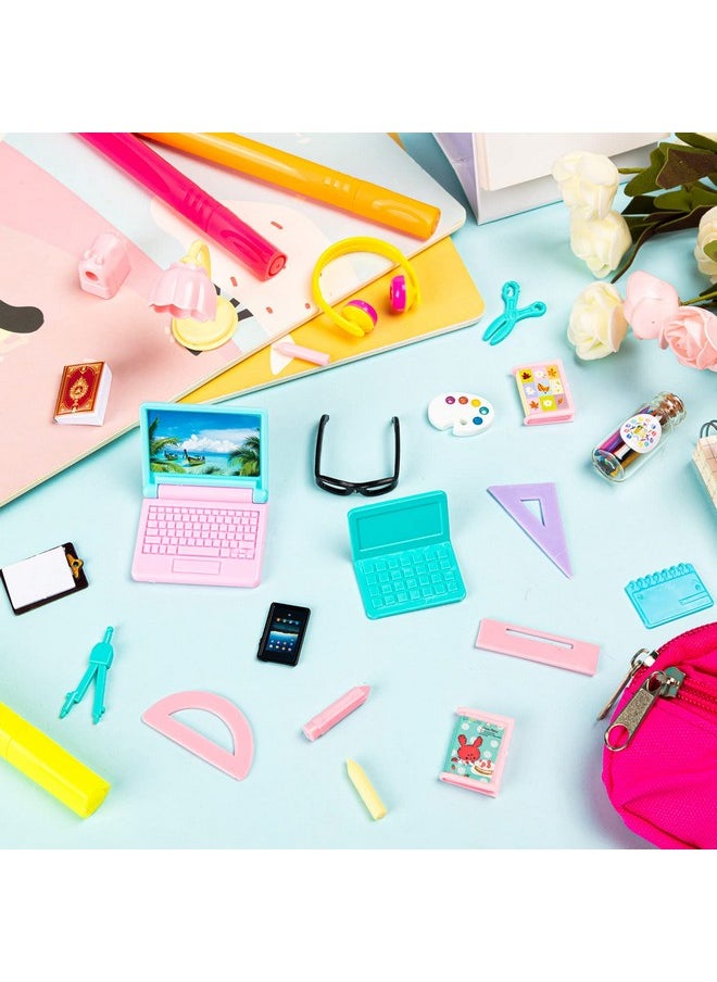 FFNIU 30Pcs Mini School Supplies, Doll School Supplies Includes Mini Doll Backpack Laptops Glasses Blackboard Mini Book Palette Paper Ruler Scissors Calculator for Dolls Accessories Set