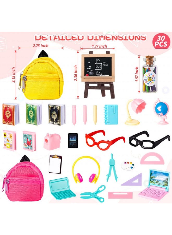 FFNIU 30Pcs Mini School Supplies, Doll School Supplies Includes Mini Doll Backpack Laptops Glasses Blackboard Mini Book Palette Paper Ruler Scissors Calculator for Dolls Accessories Set